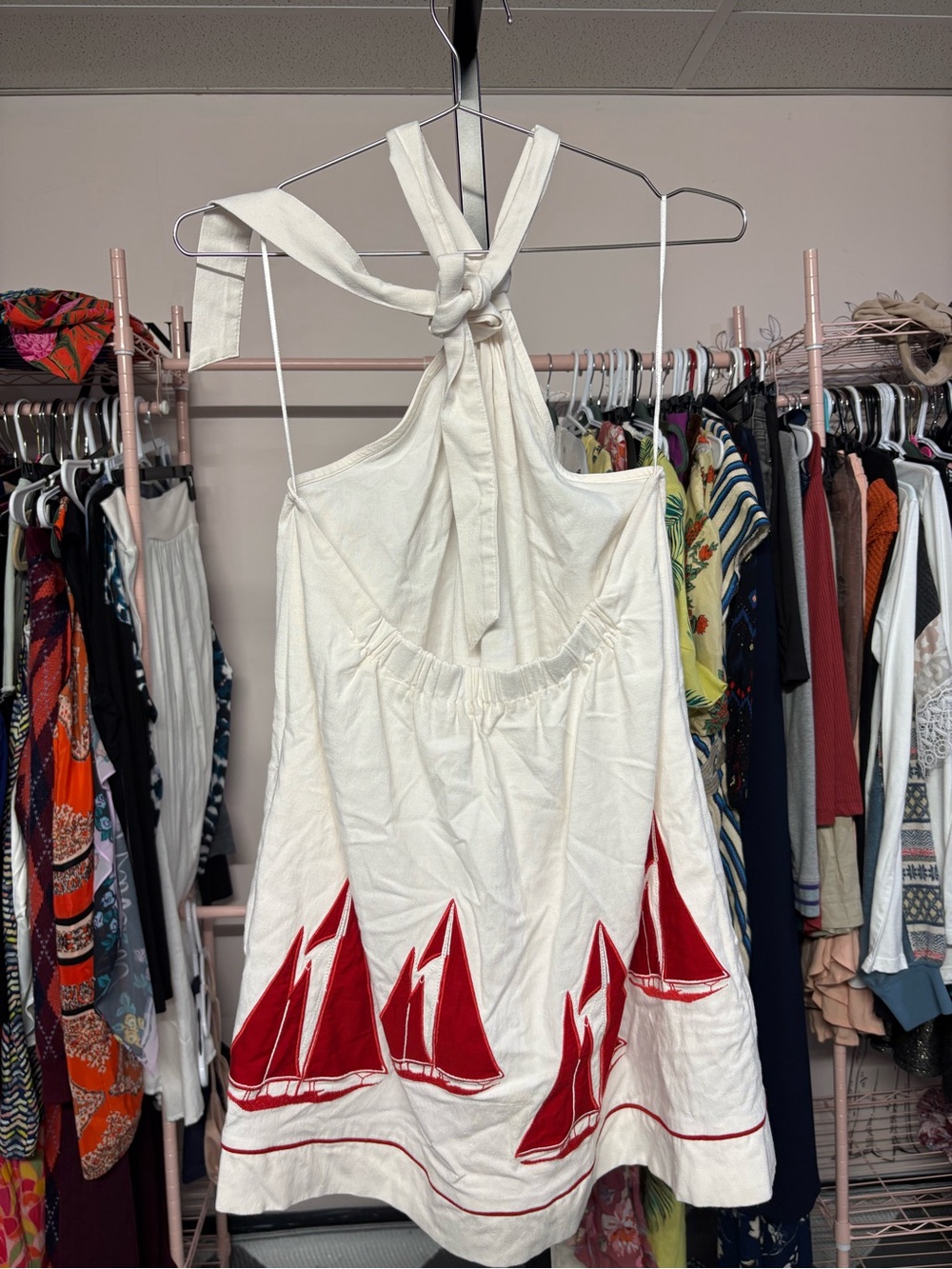 Celandine White Halter Dress with Red Sailboat Print Size Large - Picture 5 of 5